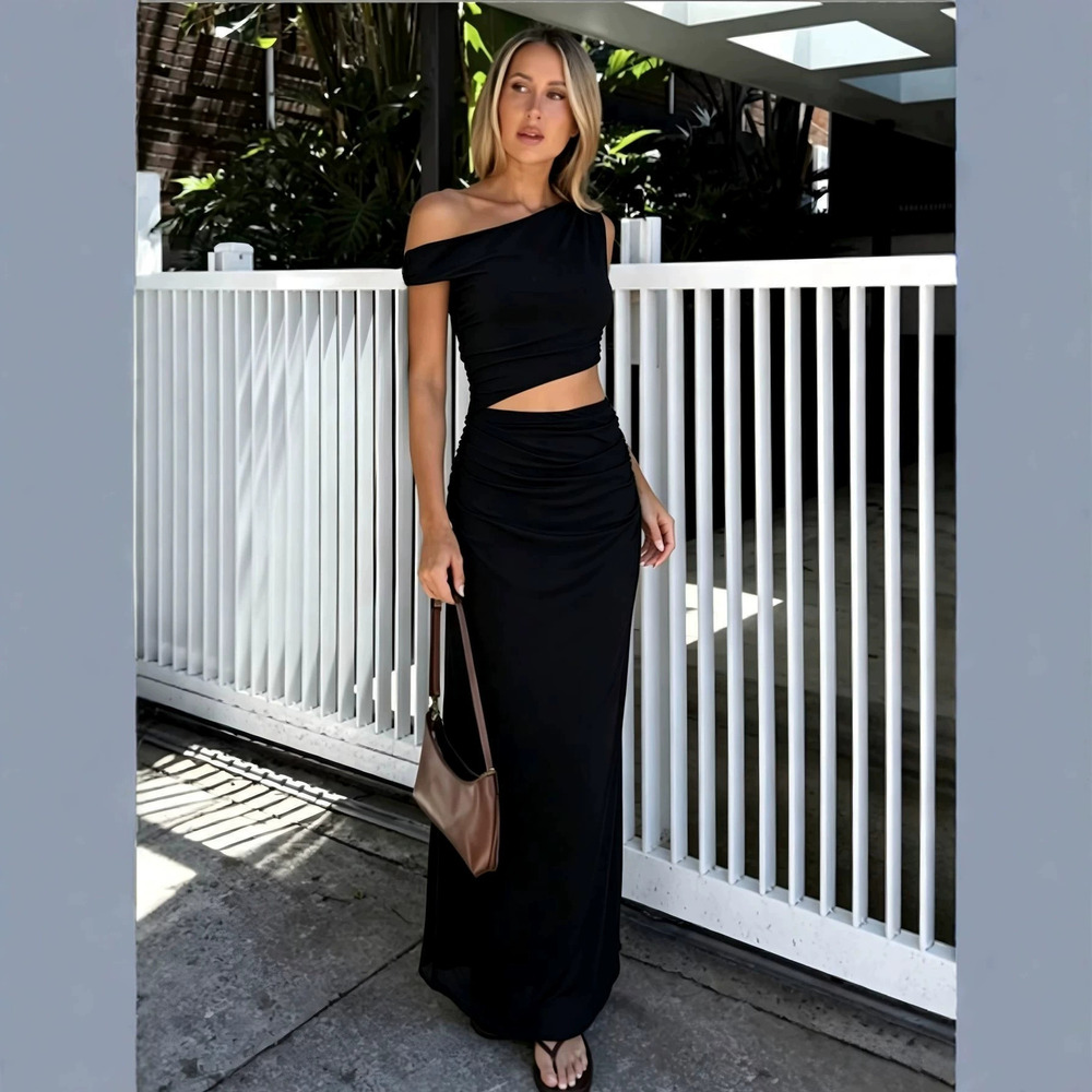 H&M Off Shoulder Asymmetric Neckline Waist Cutout Ruched High Waist Long Dress
